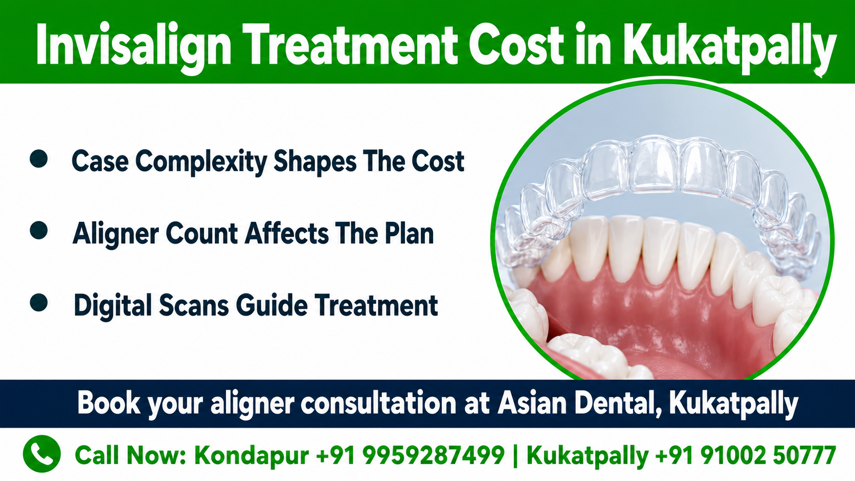 Infographic chart showing key cost drivers for clear aligners, including complexity, number of trays, refinements, appointments, and retainer choices
