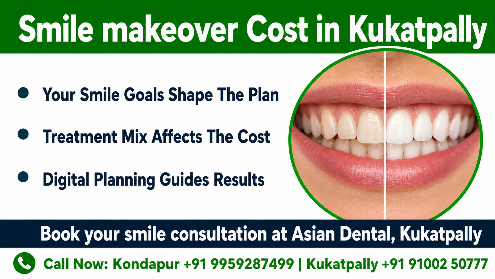 Infographic chart listing cost drivers for a smile makeover, number of teeth, materials, lab work, alignment needs, gum shaping, and follow-up care