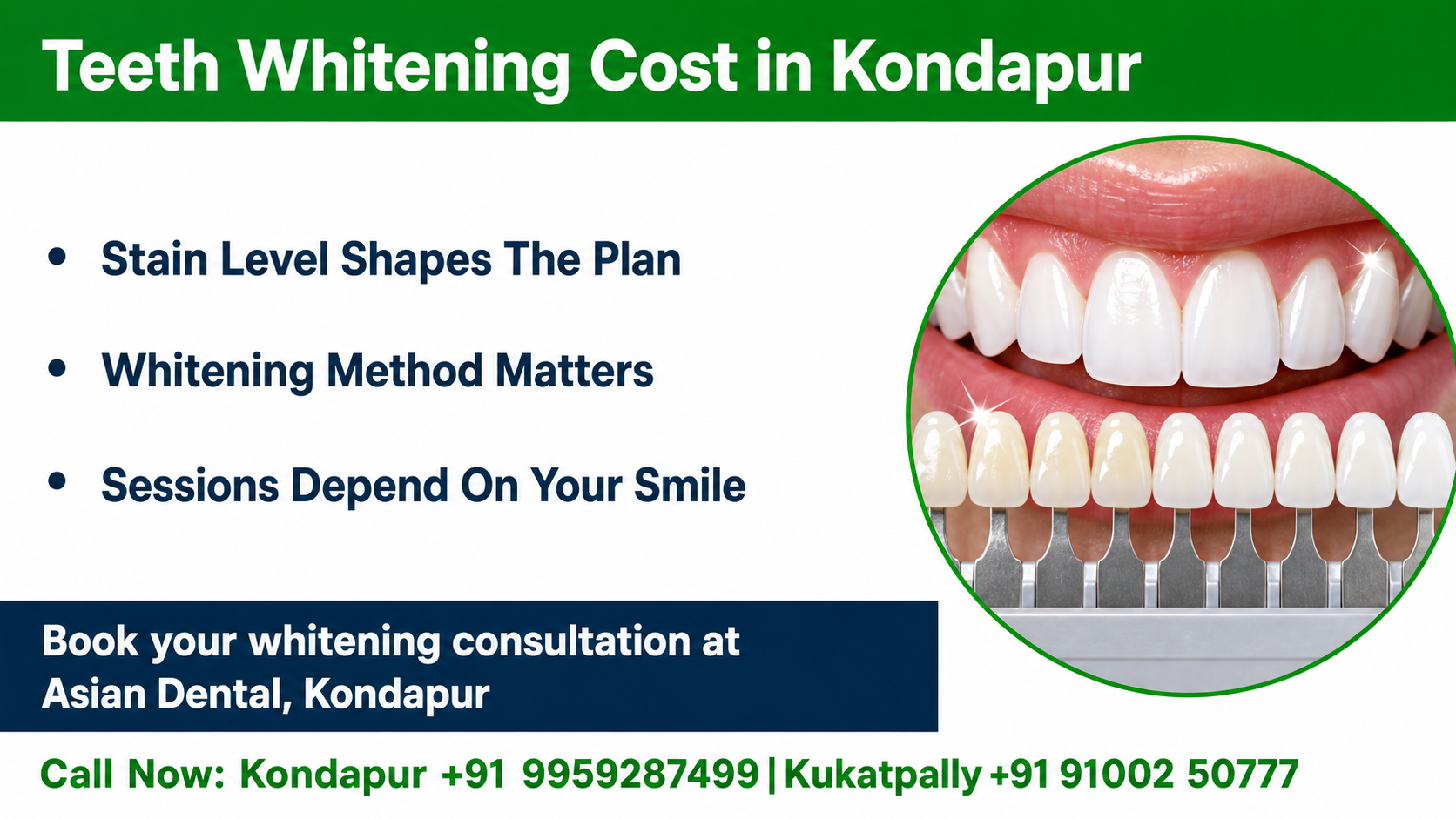 Infographic chart showing what changes whitening price: method chosen, stain type, sensitivity risk, cleaning need, and existing crowns or fillings