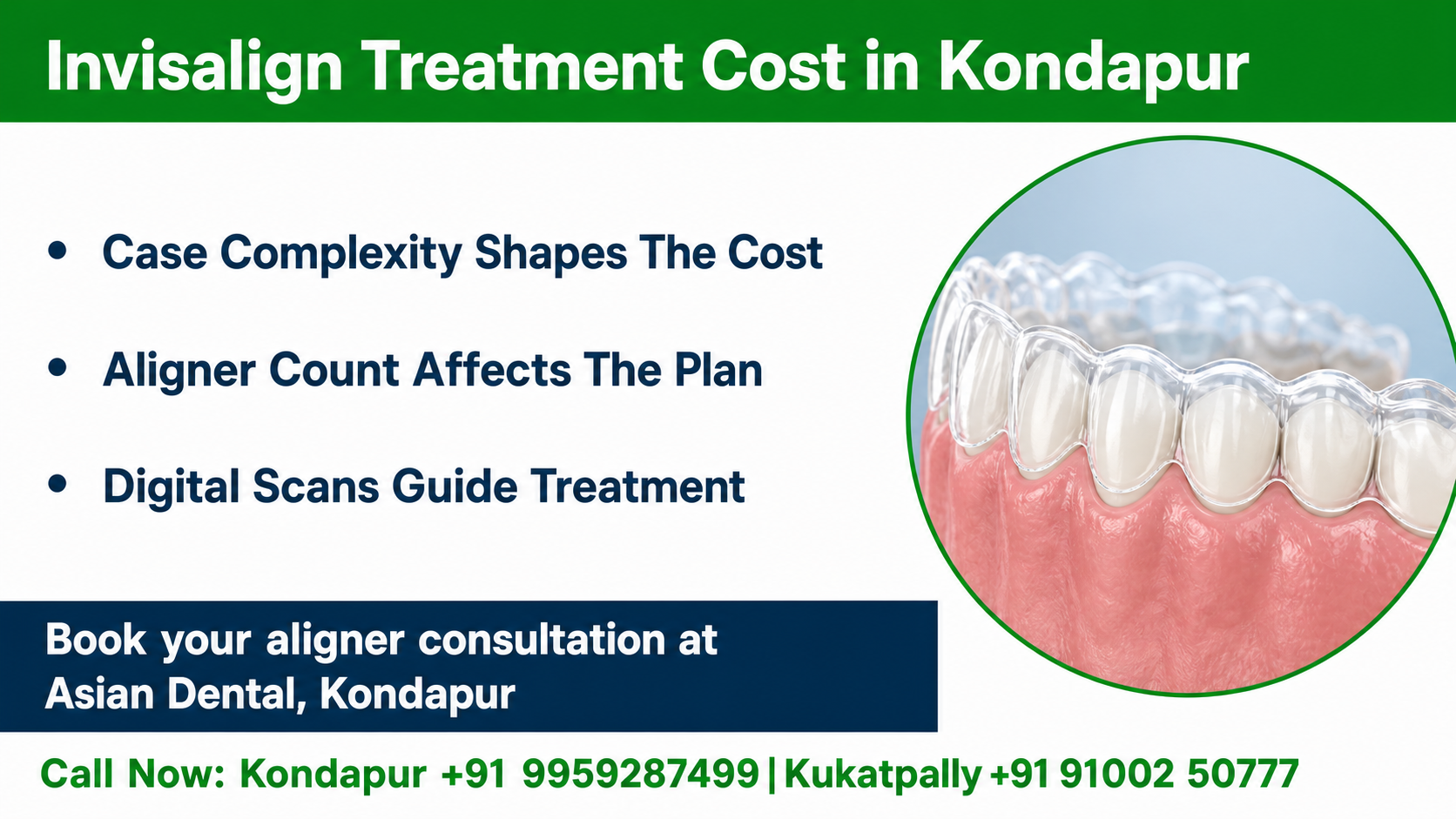 Infographic chart showing the main drivers of aligner treatment charges, case complexity, number of aligners, refinements, pre-treatment dental work, and retainer plan